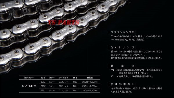 ThreeDチェーン530-110L銀Z250FT/Z400FX/Z550FX/GPZ600R/ZZR600/GPX750R/ZXR750R/ZX-9R/ZX9R/ZRX1100/ZZR1100/ZRX1200/ZRX1200R/ZRX1200S_画像5