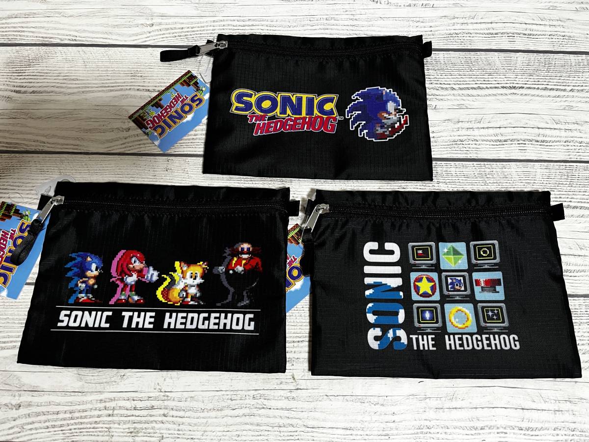 3個 SEGA (セガ) - SONIC THE HEDGEHOG ソニック・ザ・ヘッジホッグ マルチポーチ 23×17 ゲーム マルチケース 袋 (タグ付き新品未使用品)_商品一式