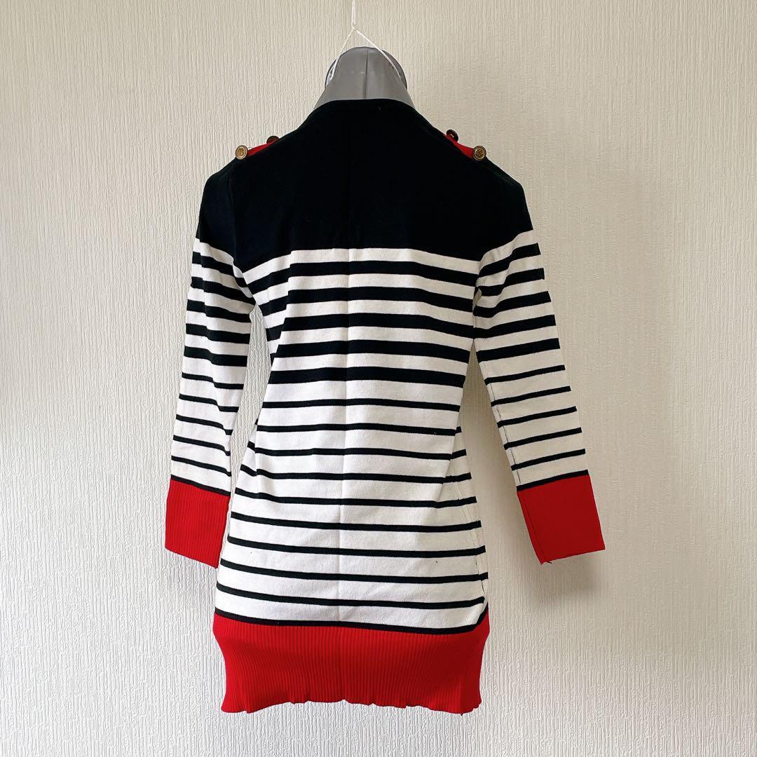 白黒ボーダー 袖裾赤色 肩ボタン ニット セーター_画像2