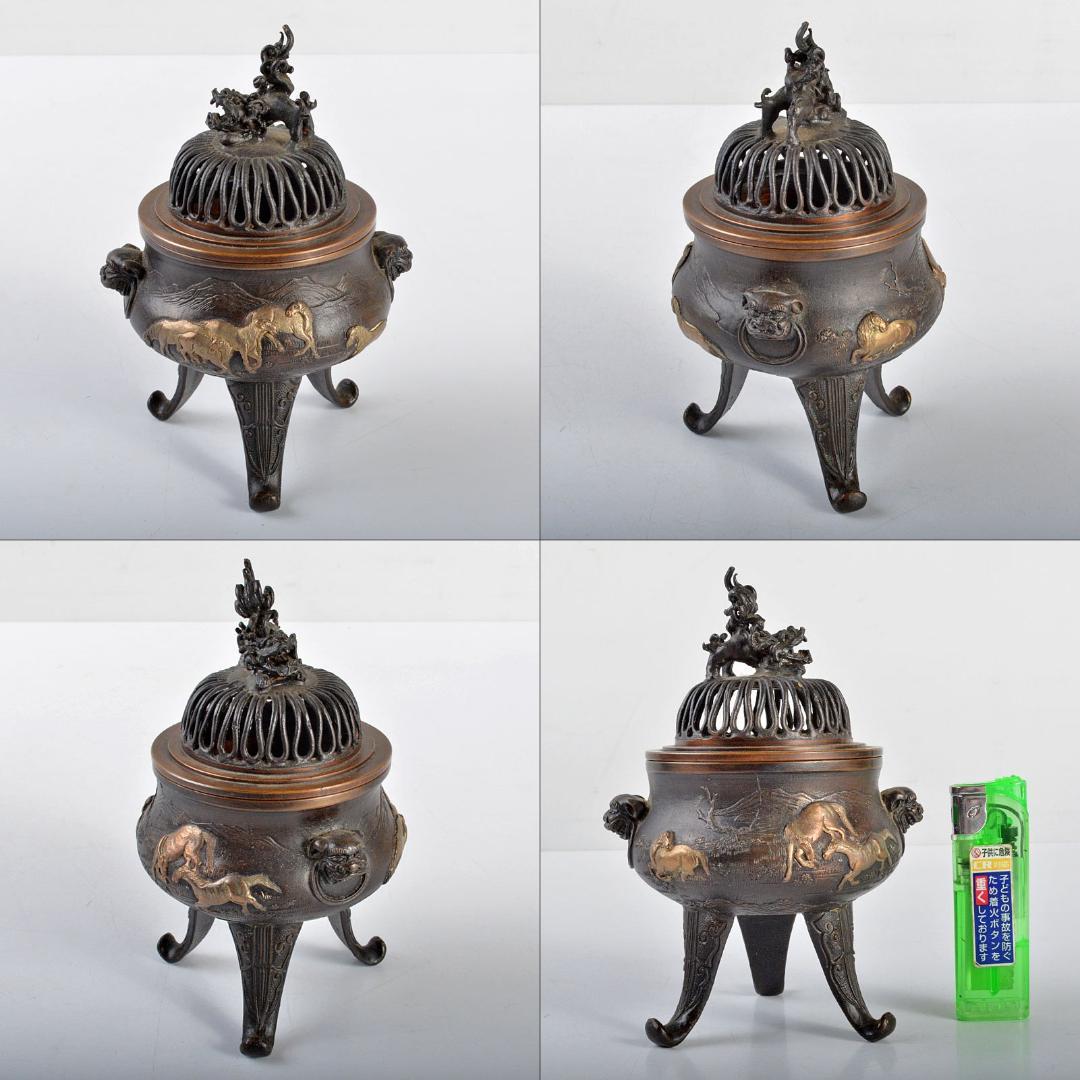 【内祝い】 高岡銅器 米田保夫（秀保）作 蝋型鋳銅 馬文 香炉 共箱