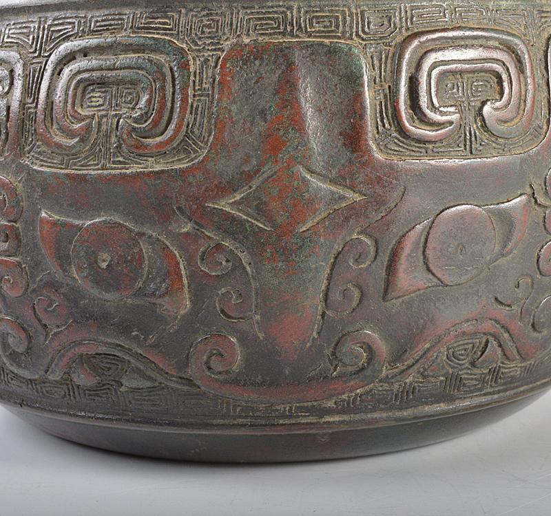 激安価格と即納で通信販売 中国 古銅宣徳銅 斑紫銅饕餮文 建水 茶