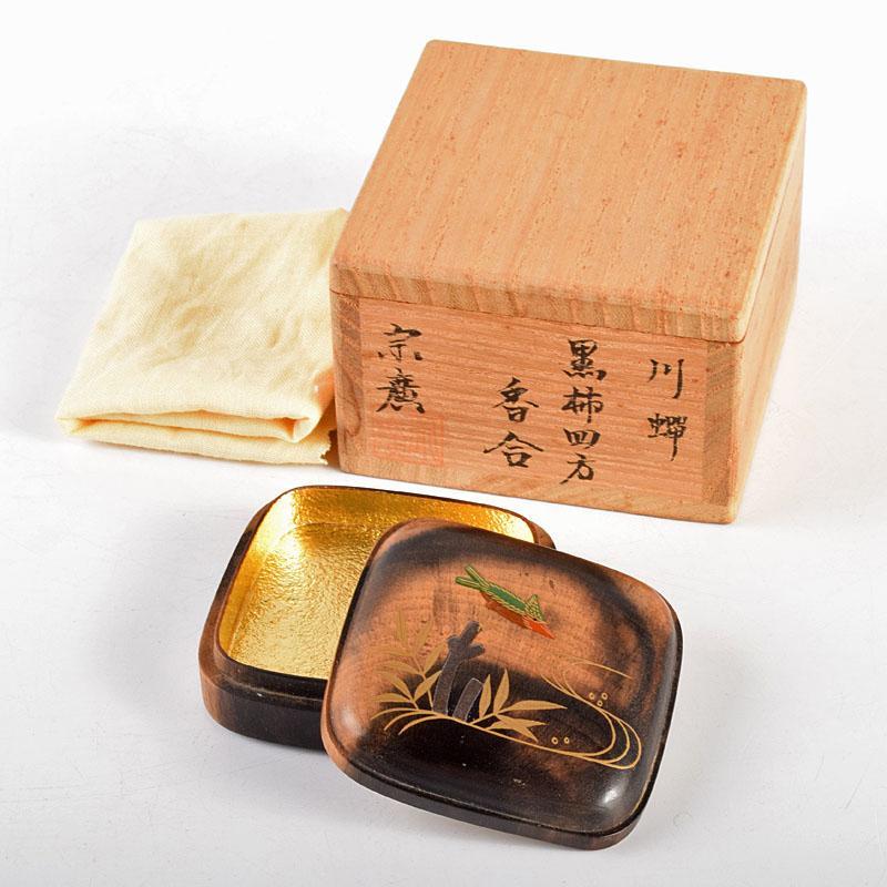 茶道具 道場宗廣作 川蝉蒔絵 黒柿四方香合 共箱 www.impressarepuestos.com