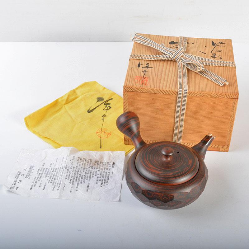 煎茶道具 常滑焼 小西洋平作 泥心彩 練込 横手急須 茶注 共箱 www