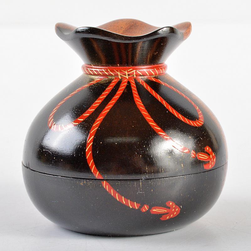 高品質特価品 山中塗 中村宗悦作 黒柿 朱紐蒔絵 砂金袋 香合 共布・共