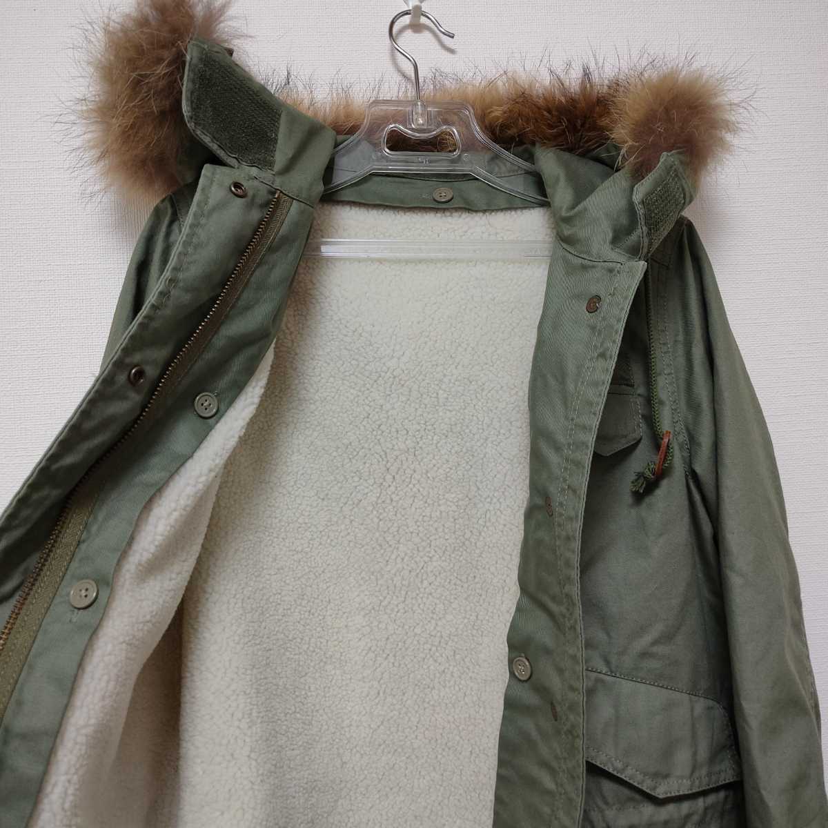  unused green label relaxing lining boa raccoon fur attaching Mod's Coat khaki color 38