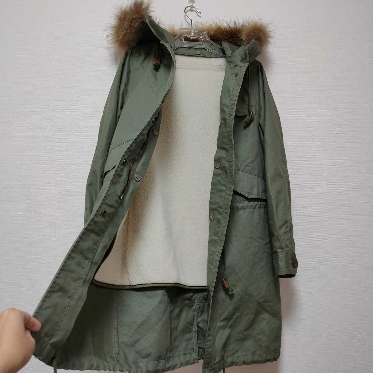  unused green label relaxing lining boa raccoon fur attaching Mod's Coat khaki color 38