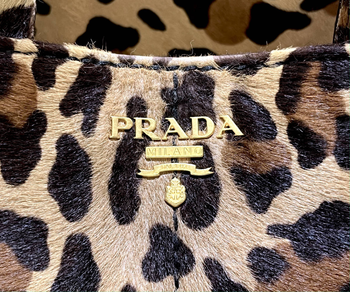 PRADA レディース ハラコ トートバッグ カナパ レオパード柄 (美品
