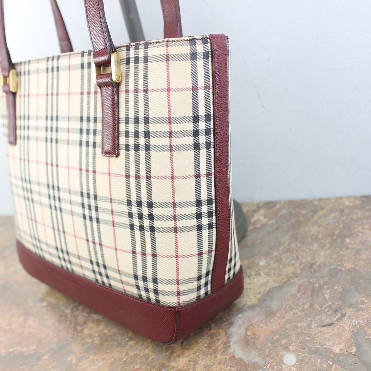 BURBERRY CHECK PATTERNED LOGO COTTON LEATHER TOTE BAG/バーバリー