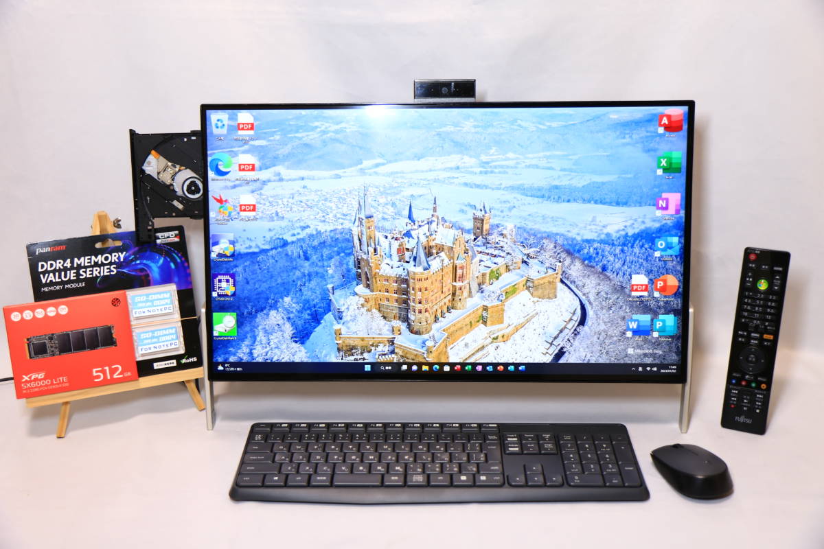 富士通ESPRIMO FH77/B3- 23.8型フルHD IPS/3波W録画/第7世代 i7-7700HQ(4C8T)/16GB(新)/M.2 512GB(新/NVMe)+1TB(新)/DVD/Win11/Logi