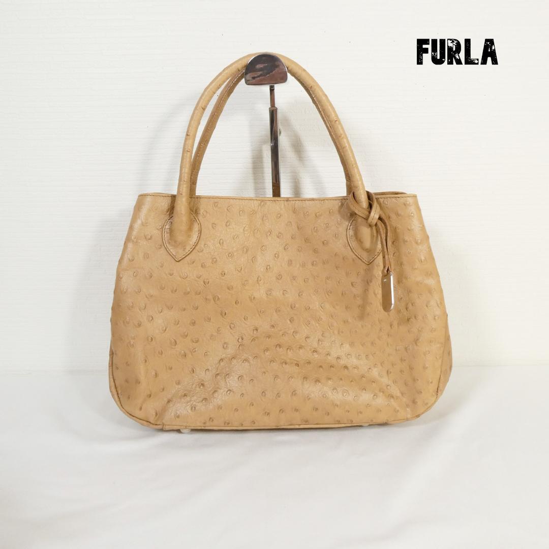 美品 FURLA フルラ オーストリッチ レザー チャーム 底鋲 ハンドバッグ トートバッグ ブラウン系 A1657