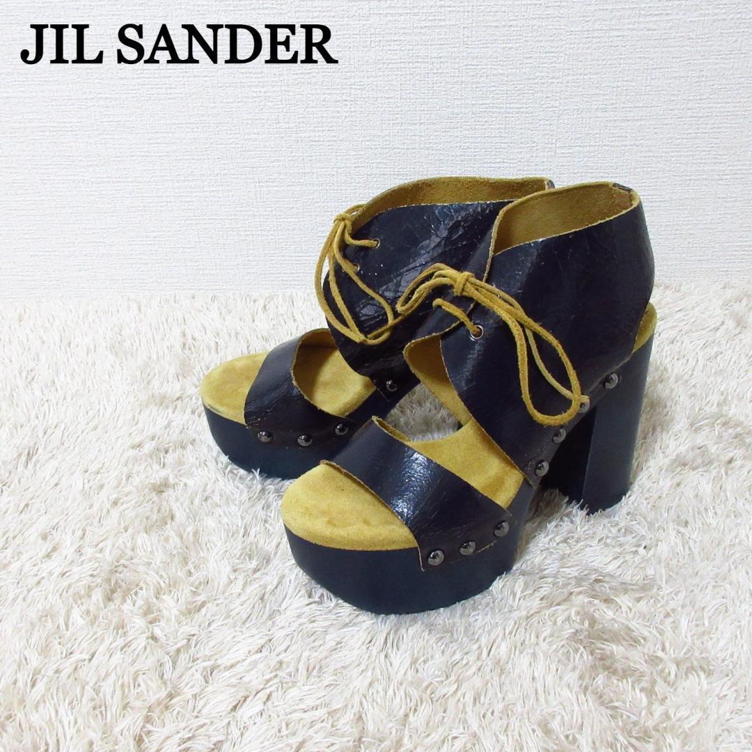 良品 JIL SANDER NAVY ジルサンダーネイビー クラック加工 レザー チャンキーヒール サンダル 36.5 約23.5㎝ 紺 ネイビー A101