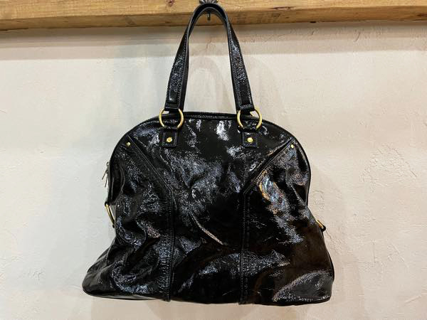 *YVES SAINTLAURENT/ Yves Saint-Laurent MUSE tote bag black lady's Mu z hand shoulder enamel old clothes used*