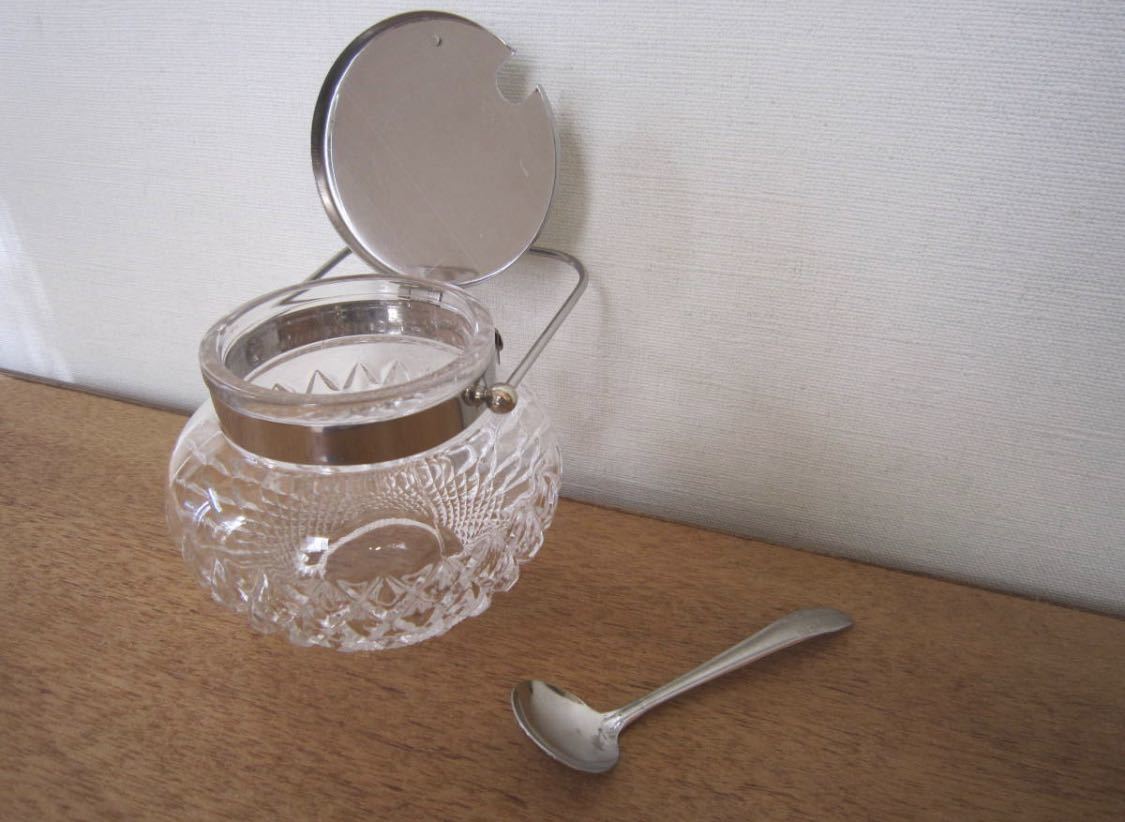 未使用 昭和 レトロ カメイガラス シュガーポット 砂糖入れ スプーン付き カットガラス の画像2