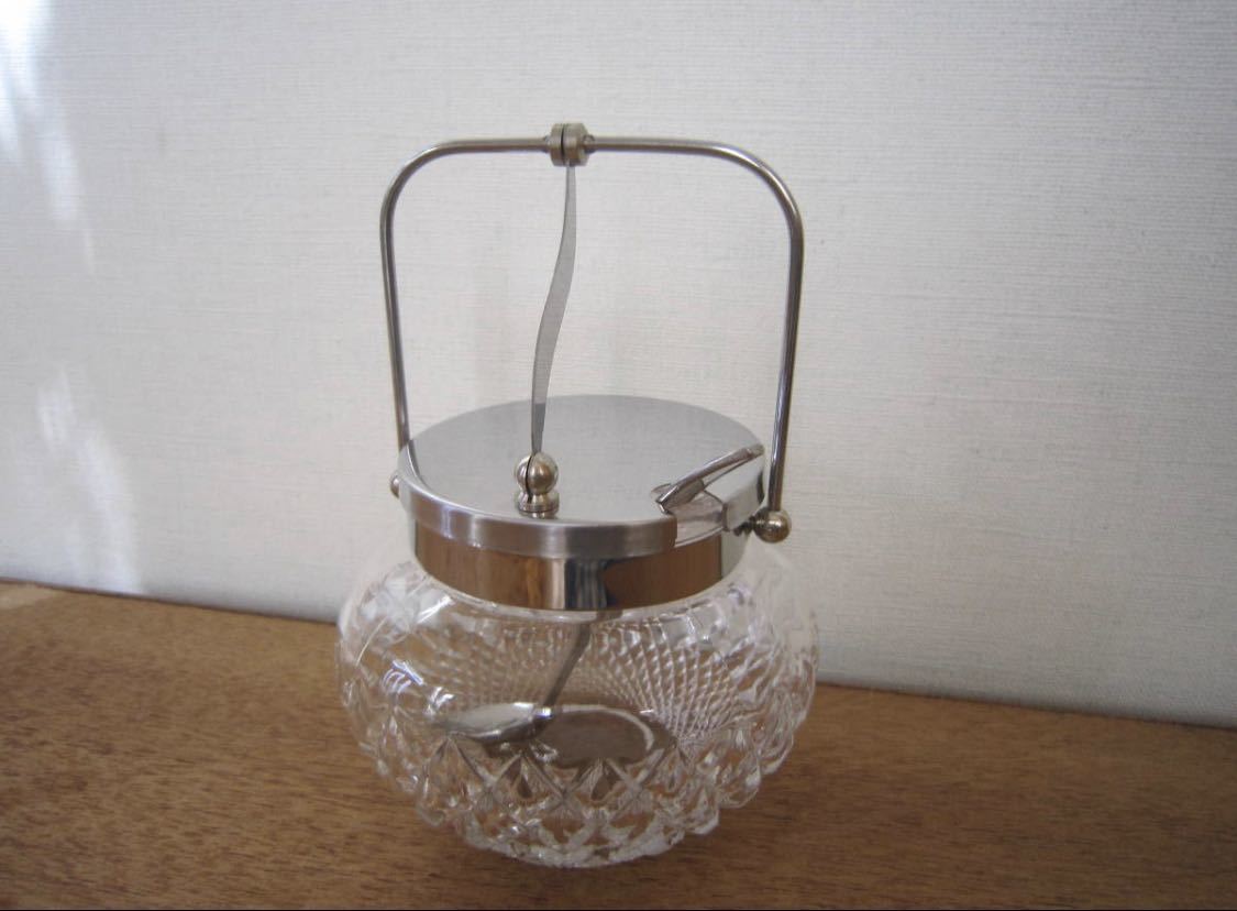 未使用 昭和 レトロ カメイガラス シュガーポット 砂糖入れ スプーン付き カットガラス の画像3
