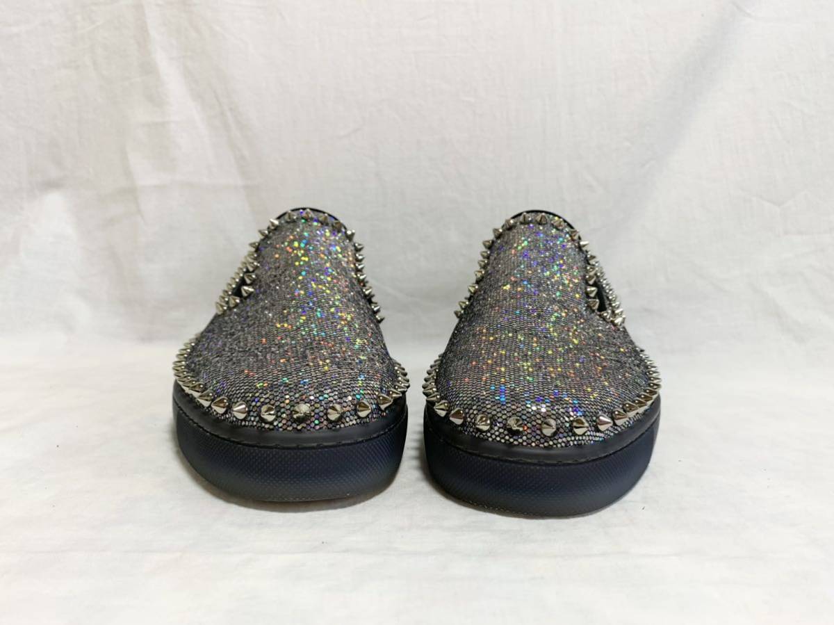 希少 美品 クリスチャン ルブタン Christian Louboutin スパイクスタッズ スパンコール ラメ スリッポン レザー スニーカー 41 1/2 26.5㎝