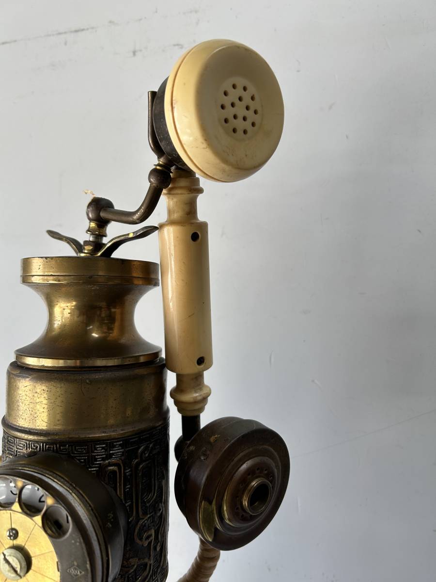 ⑫j◆ダイヤル式電話機◆スタンド型 真鍮製 全長100cm アンティーク レトロ インテリアの画像3