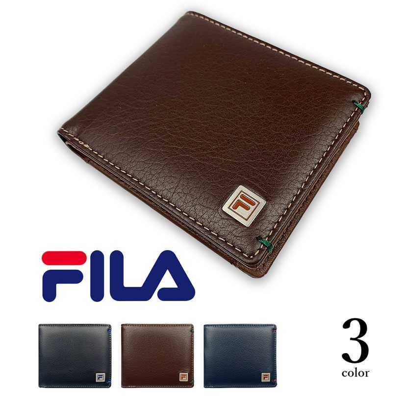 全3色 FILA（フィラ）リアルレザー バイカラー 二つ折り財布 ショートウォレット 牛革