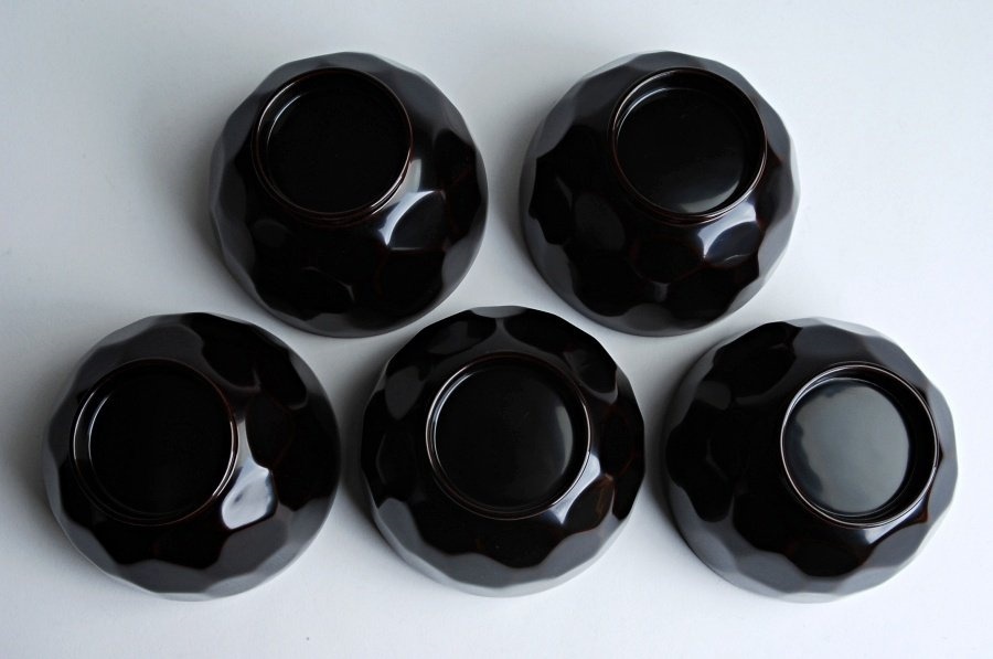 輪島塗 吸物椀 5客 箱付 天然木製 亀甲透き漆内黒金蒔絵竜胆文 茶道具