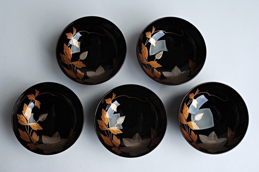 輪島塗 吸物椀 5客 箱付 天然木製 亀甲透き漆内黒金蒔絵竜胆文 茶道具