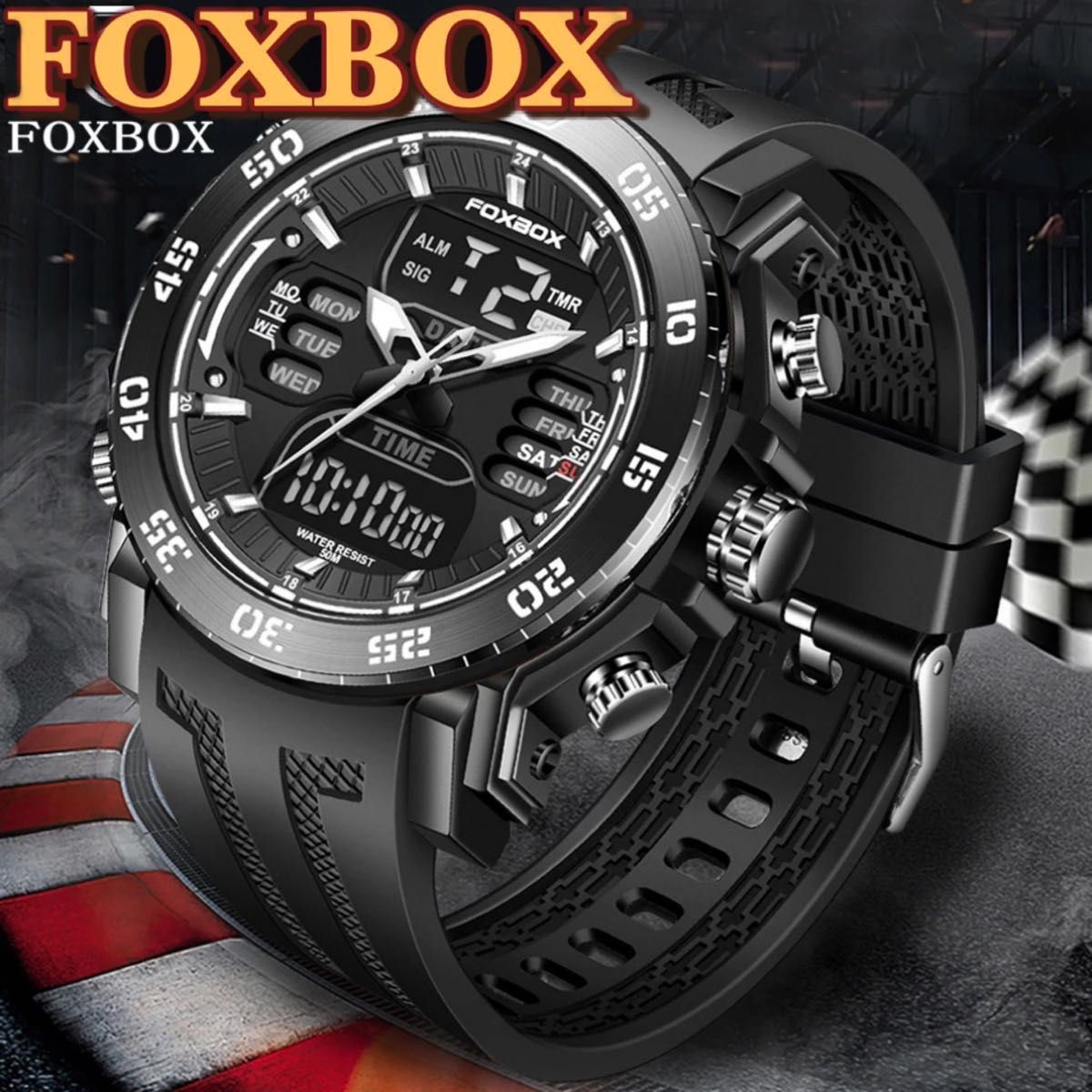 新品 FOXBOX フルブラックデュアルウォッチ メンズ腕時計 ラバーストラップ｜PayPayフリマ