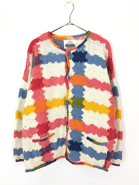  lady's old clothes 90sboli Via made colorful .. check cotton knitted cardigan jacket XL rank old clothes 