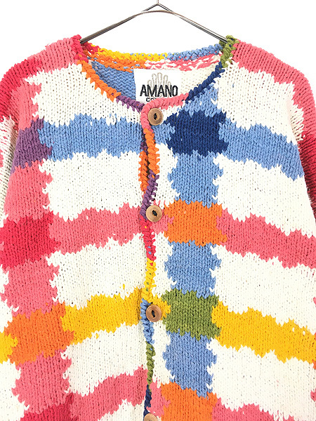  lady's old clothes 90sboli Via made colorful .. check cotton knitted cardigan jacket XL rank old clothes 