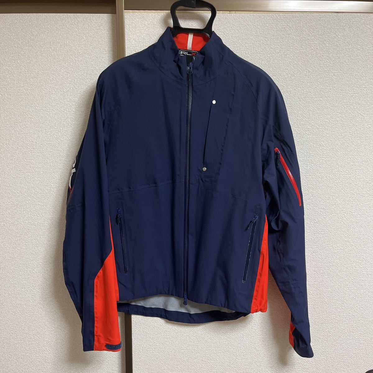 美品 RLX ゴルフ レインウェア ナイロン 秋冬 紺×オレンジ 雨具 ボンディング ウインドブレーカー　Ｌ程度