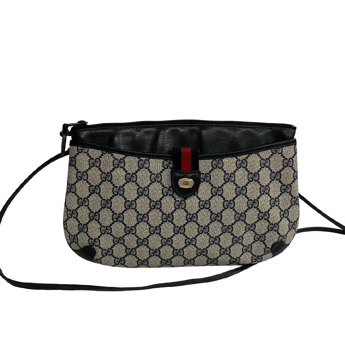 極 美品 GUCCI グッチ オールドグッチ ヴィンテージ シェリーライン GG レザー ミニ ショルダーバッグ ポシェット ネイビー 25802