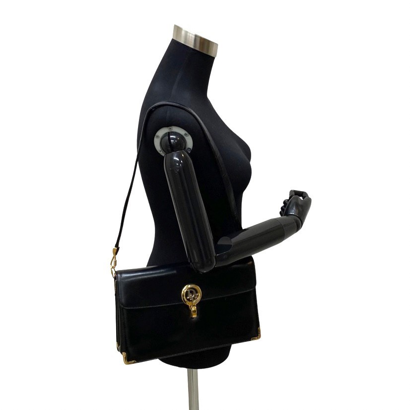 極 美品 Christian Dior クリスチャン ディオール ロゴ 金具 カーフレザー 本革 セミ ショルダーバッグ ブラック 06421