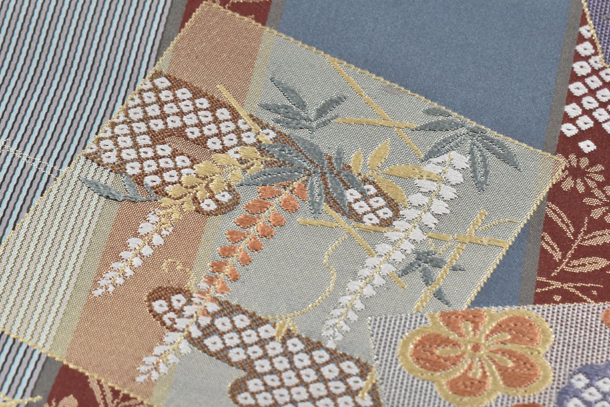 【桜庭呉服店】袋帯 六通柄 扇面 楓 梅 藤の花 縞模様 刺繍 おしゃれ 帯丈428cm ★着物屋 ne-1156_画像8