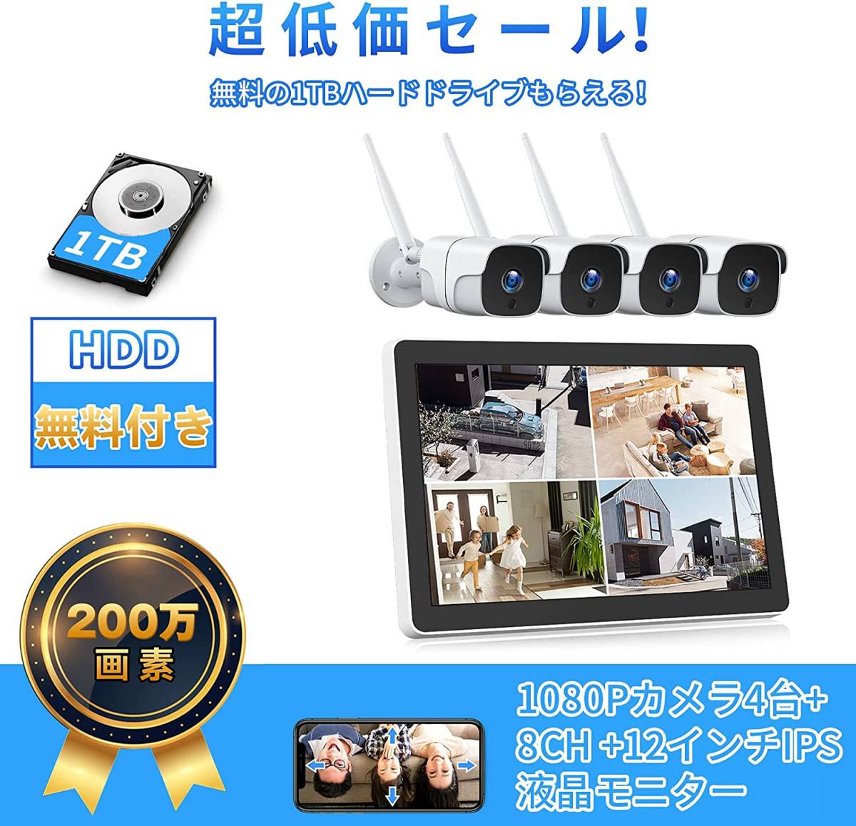 12インチ液晶一体型3TBHDD内蔵NVR 300万画素カメラ4台セット | www