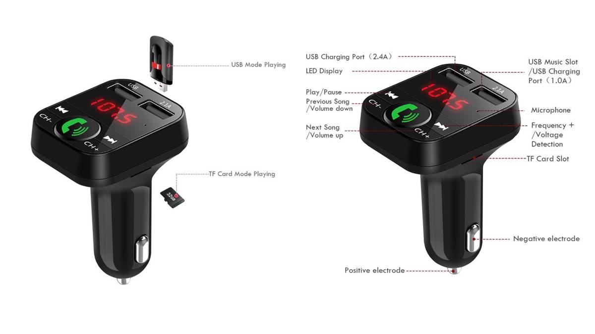 Bluetooth FM transmitter charger charge music reproduction two pcs same time charge hands free smartphone cigar socket SD card USB black 