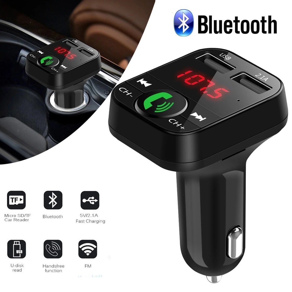 Bluetooth FM transmitter charger charge music reproduction two pcs same time charge hands free smartphone cigar socket SD card USB black 