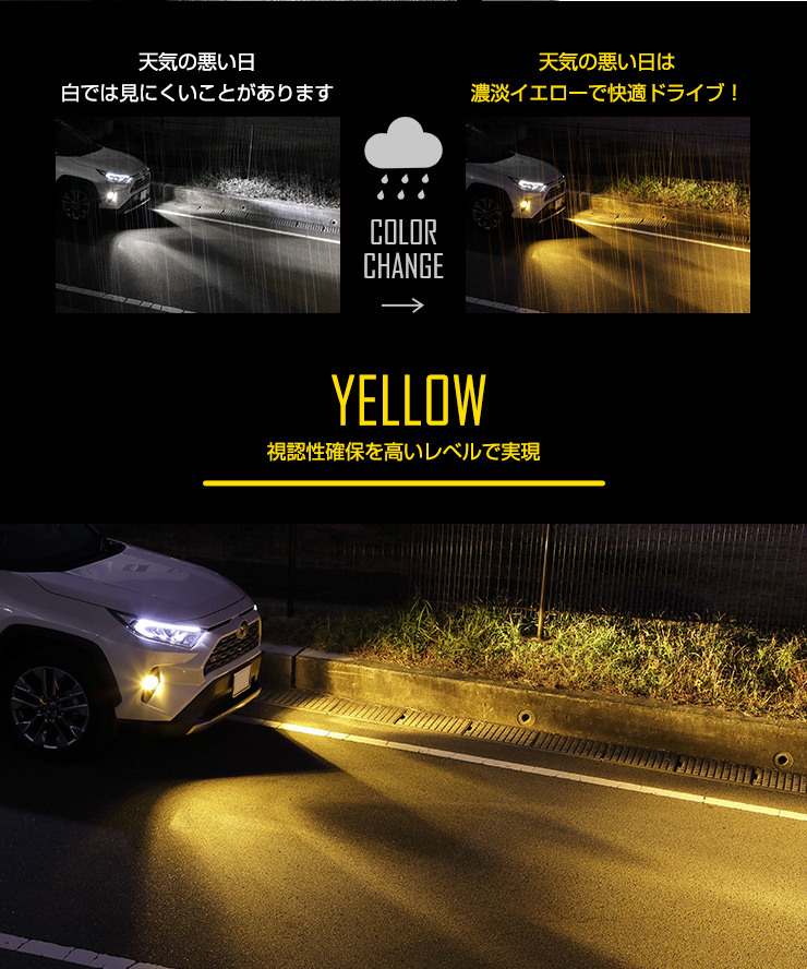 LED フォグランプ 2色切替 カラーチェンジ フォグバルブ 2本左右セット H8 H11 H16 6000LM 3000K 6000K 霧 雨 黄色 車検対応_画像7