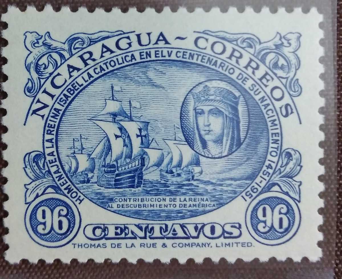 外国切手 ニカラグア 1952.6.25 イザベラ女王生誕500年 航空郵便5完 ヒンジあとありの画像7