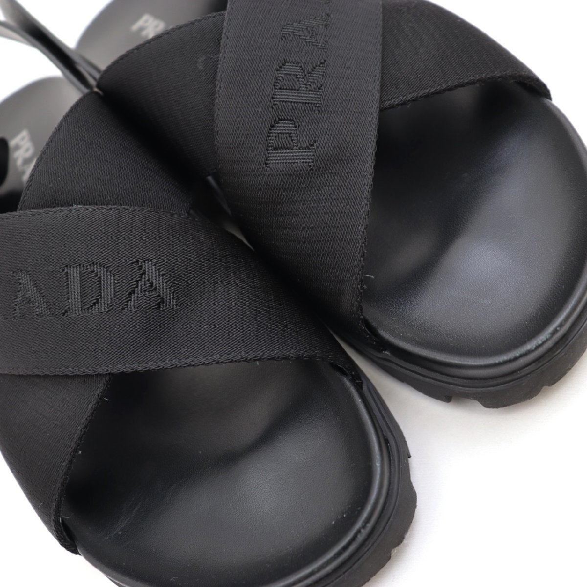 美品 プラダ クロスロゴストラップ レザーサンダル メンズ 黒 10 PRADA