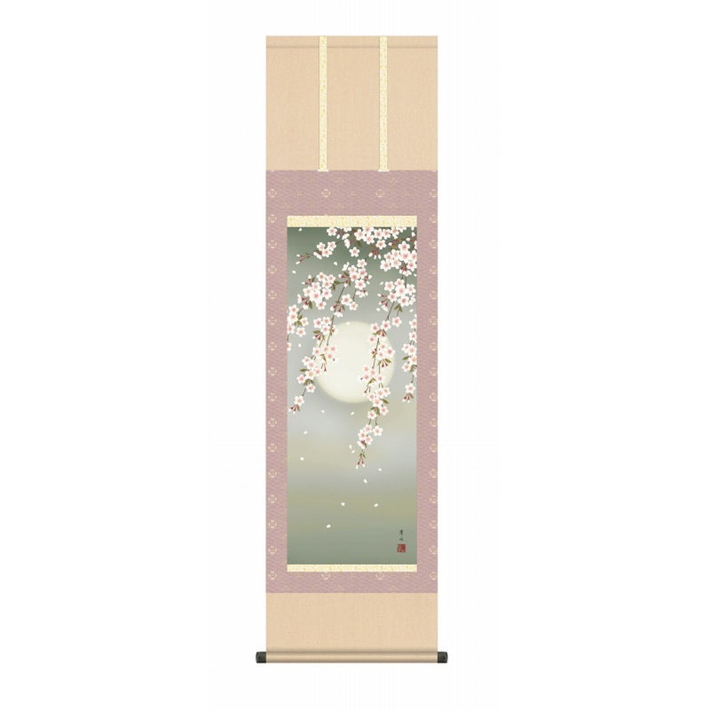 ★◎緒方葉水『夜桜（尺三立）』高精彩工芸画 掛軸 掛け軸 新品 静物画 月夜 花鳥 サクラ【SAK-KZ2MA2-089】_表装