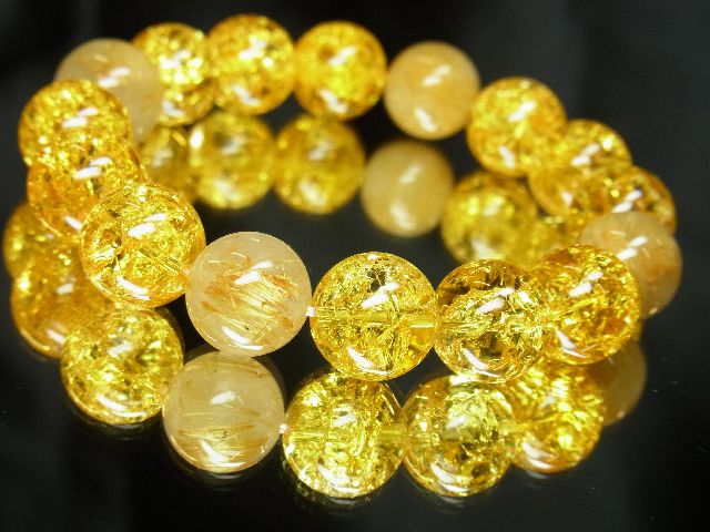 金色に輝くパワーストーン タイチンルチル×シトリンクラックブレスレット １２ミリ数珠 最強金運