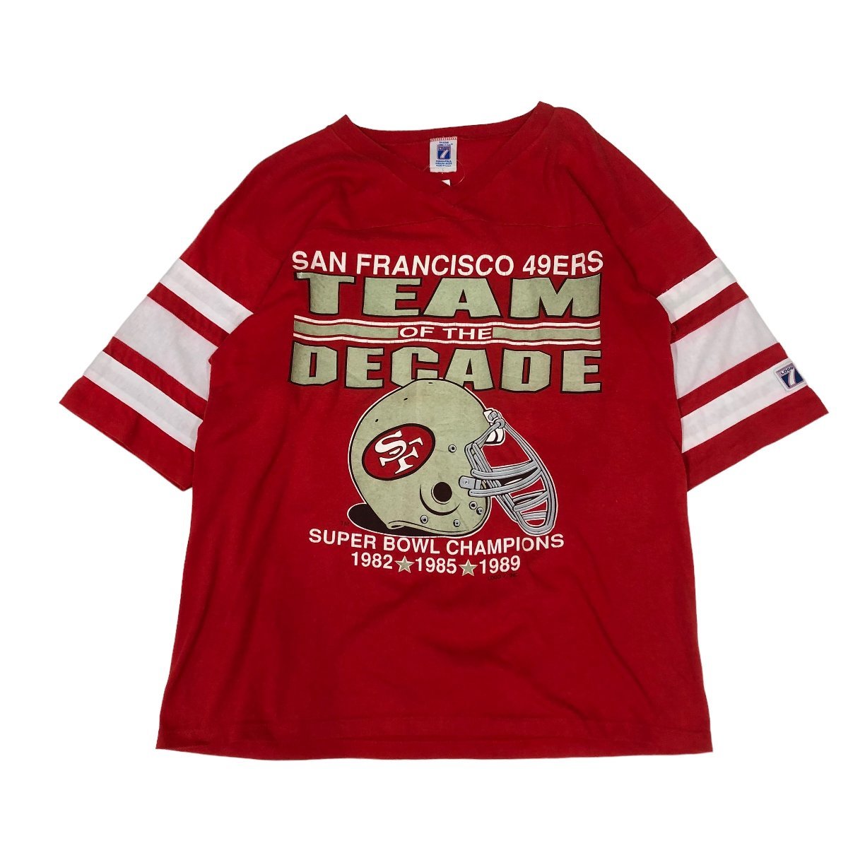 贅沢屋の NFL USA製 古着 USA SANFRANCISCO L レッド クルーネック 半袖 Tシャツ プリント 49ERS イラスト、キャラクター