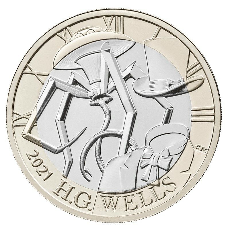 2021 イギリス H・G・ウェルズ没後75周年 2ポンド 2色貨 使用済み切手付き