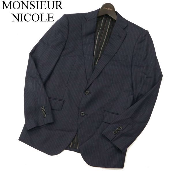 MONSIEUR NICOLE ムッシュ ニコル 通年 総裏 ウール ストライプ★ 2B アンコン テーラード ジャケット Sz.46　メンズ 紺　C3T00943_2#O_画像1