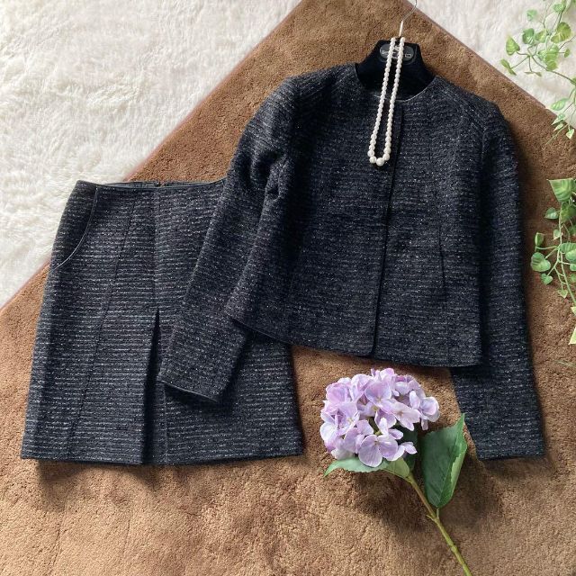 日本製ビアッジョブルー ウールツイード ノーカラージャケット スカート 黒 1/0サイズ Viaggio Blu