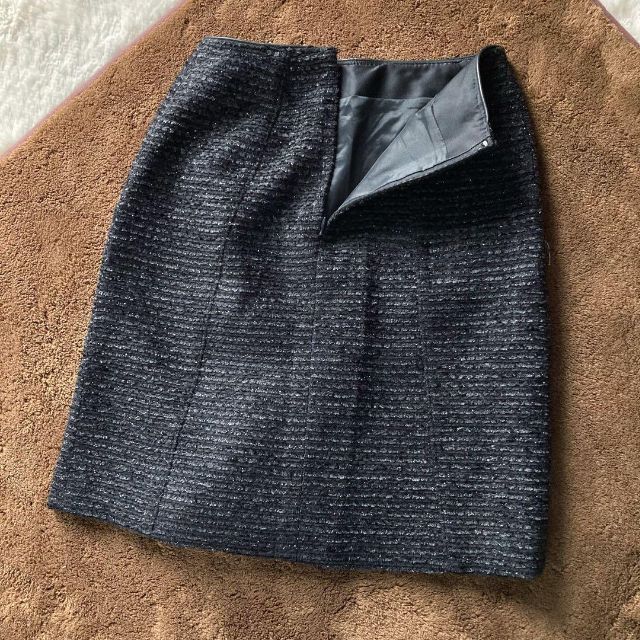 日本製ビアッジョブルー ウールツイード ノーカラージャケット スカート 黒 1/0サイズ Viaggio Blu