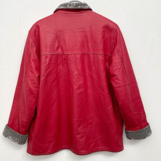 スペイン製襟付き 裏地ウール 総柄 レザージャケット レッド 大きめ 赤 レディース