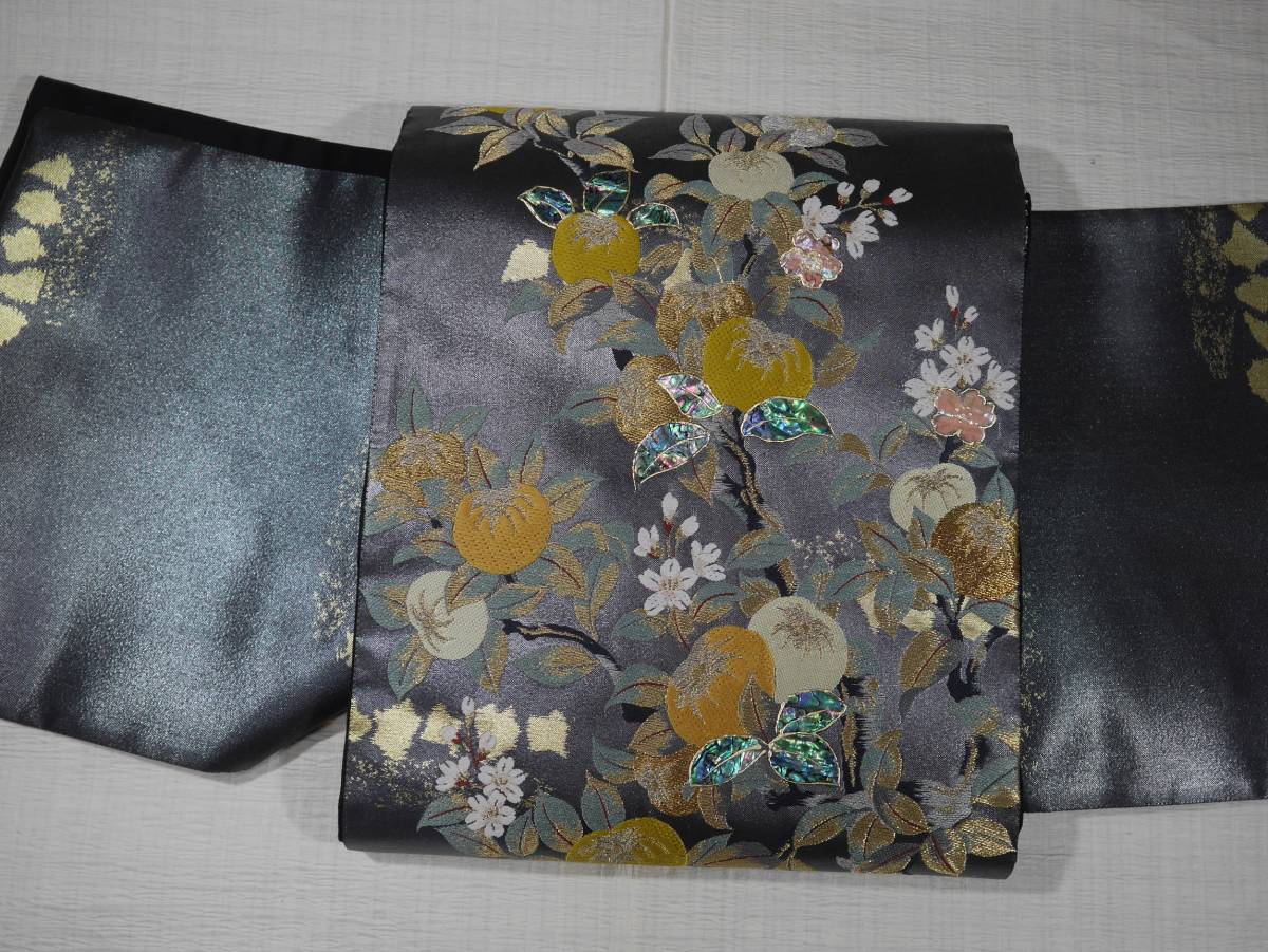 袋帯 未仕立て新品 西陣織最高級袋帯 真珠本金箔唐織 花遊 実る橘螺鈿