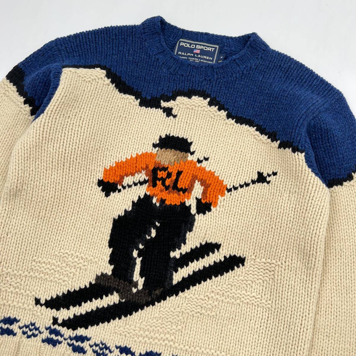 入手困難品!! 90's POLO SPORT ポロ スポーツ ラルフローレン BIG スキー柄 ski ハンドニット ウールニットセーター M /ビンテージ/古着屋_画像2