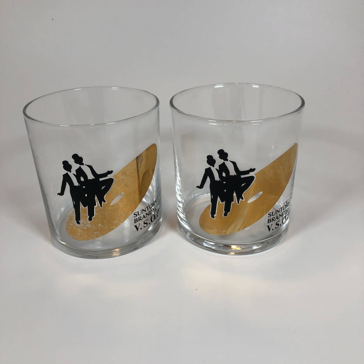 ER-60【サントリー】SUNTORY BRANDY V.S.O.P 昭和レトロ レトロフューチャー ロックグラス コップ ２客セット 中古_画像1