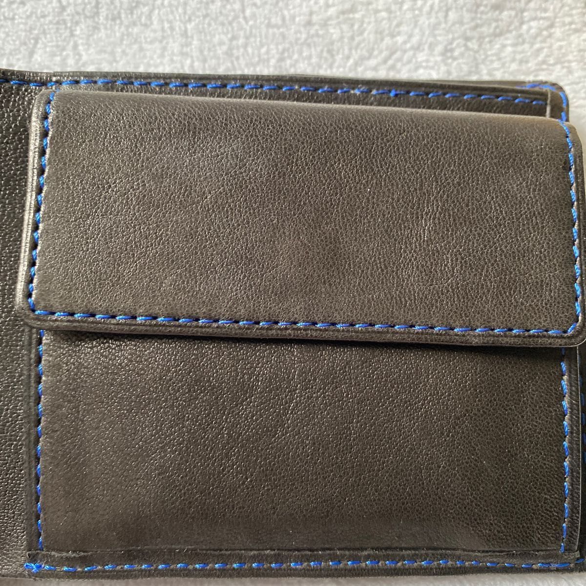 未使用　KENZO　ケンゾー　二つ折り財布　ロゴ入り　ブラック　ブルーステッチ　羊革　シープスキン