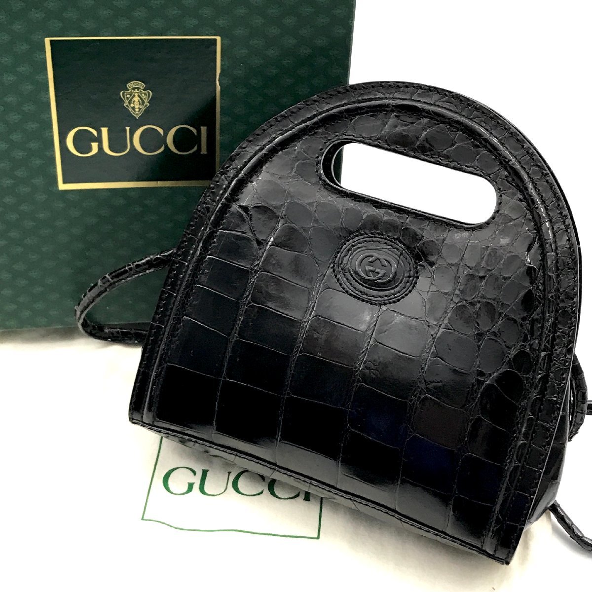 GUCCI グッチ 本クロコ ロゴ 2WAY ミニ ハンド ショルダー バッグ ブラック 美品 M8545_画像1