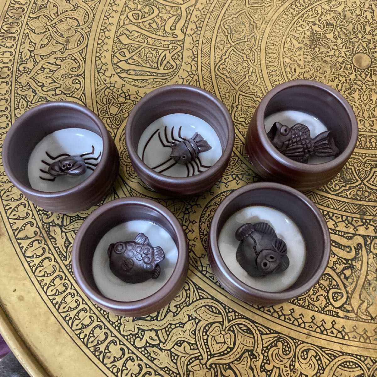 珍品☆ 市川祥司 四日市 伝統工芸品 万古焼 萬古焼 海鮮ぐい呑み揃 5個セット 酒器